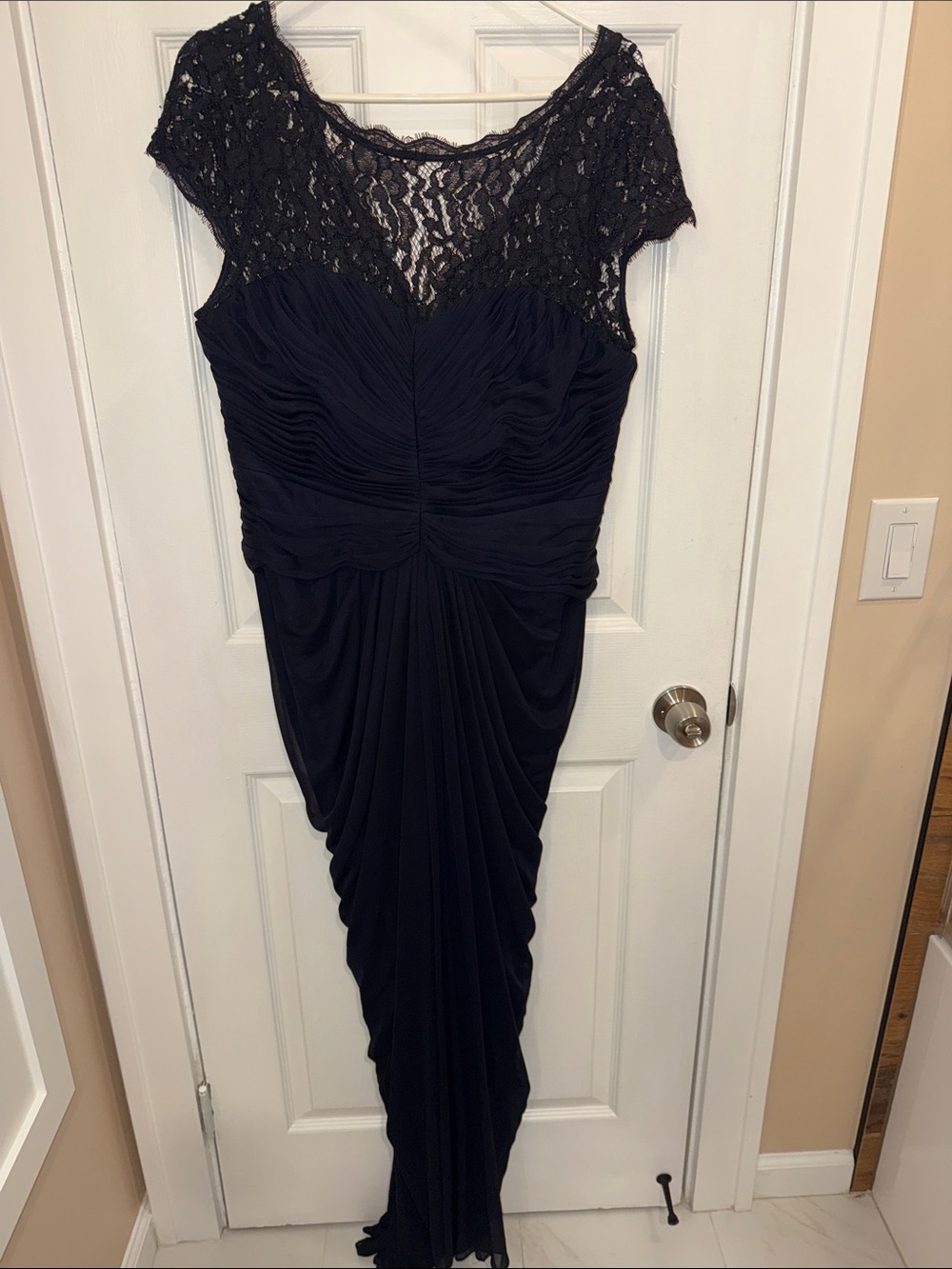 Adrianna Papell Navy Lace Cap-Sleeve Gown with a small trail